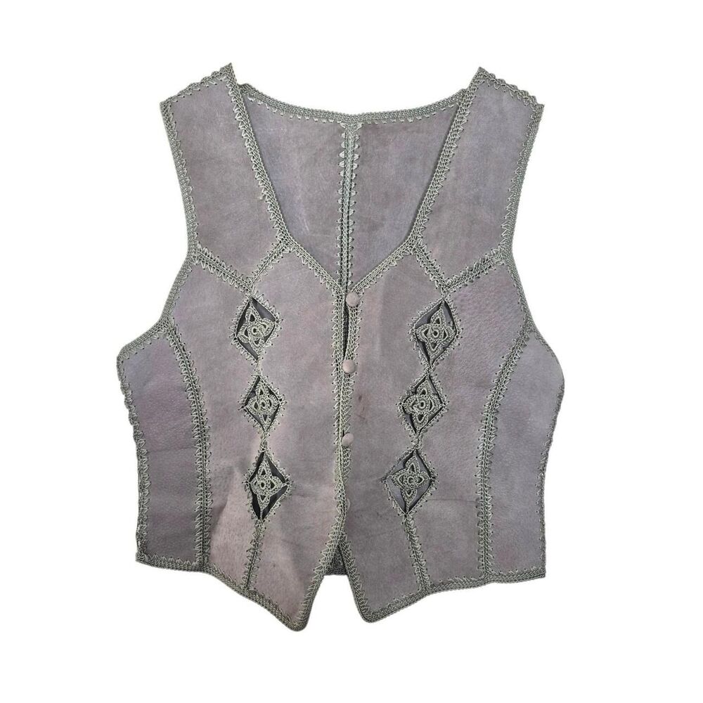 Vintage Grey Suede Leather Vest Crochet Details 70s Western Boho One Size